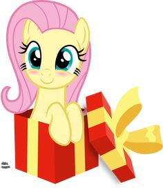 a pink pony sitting in a red box with a yellow ribbon around it's neck