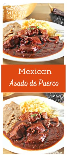 mexican food with meat and rice on a white plate in front of an orange background