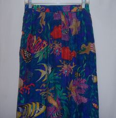 "Vintage Carole Little Sport blue tropical Angel fish print silk skirt.  Good pre-owned condition.  No holes, stains, rips, tears, fading, etc.  Women's size 14 or 16 or EXTRA LARGE.  Measurements:  waist-34\"- 42\", hips-66\", length-35\".  100% silk.  Full elastic waist.  Hidden side pockets." Fish Skirt, Printed Silk Skirt, Pretty Shirts, Angel Fish, Fish Print, Silk Skirt, Sea Life, Silk Printing, Extra Large