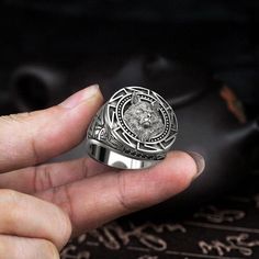 Silver Stainless Steel Skull Ring, Silver Round Signet Ring, Nordic Wolf, Nordic Ring, Punk Rock Style, Wolf Totem, Punk Rock Jewelry, Rock Style Clothing, Casual Rings