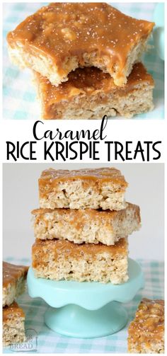 caramel rice krispie treats stacked on top of each other with the title above it