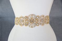 Gold Crystal Rhinestone Bridal Belt on Satin Sash Bridal Gold Embellished Wedding Sash, Gold Embellished Sashes For Wedding, Elegant Gold Bedazzled Jewelry, Elegant Gold Bridal Belt With Sashes, Gold Crystal Bridal Belt For Party, Elegant Gold Bridal Belt With Rhinestones, Gold Crystal Bridal Belt For Wedding, Gold Crystal Bedazzled Jewelry, Gold Wedding Accessories