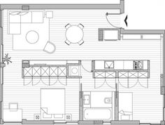 the floor plan for an apartment with two beds and one living room, which is divided into