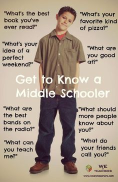 a young man standing in front of a poster with the words get to know a middle schooler