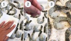 the process of cleaning an oyster shell is shown in three different stages, including removing it from