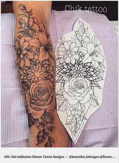 a woman's leg with flowers on it and an image of a flower tattoo