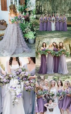 bridesmaid dresses and bouquets with purple flowers in the middle, lavender hues on