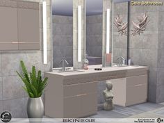 a bathroom scene with focus on the vanity and mirror, plant in front of it