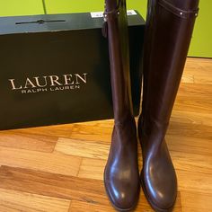 New. With Orig. Box. Never Used Lauren Ralph Lauren Dark Brown Riding Boots Size 6.5 1” Heel Round-Toe Riding Boots With Side Zipper Closure Strap Detail With Tassels Leather Upper; Rubber Sole Horse Riding Boots, Brown Riding Boots, Ralph Lauren Leather, Lauren Brown, Ralph Lauren Shoes, Leather Riding Boots, Dark Brown Color, Shoes Heels Boots, Dark Brown