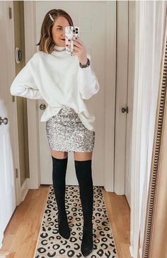 Sparkly Skirt Christmas Outfit, Sequin Skirt Outfit With Boots, Sparkle Outfits For Women, Sequence Skirt Outfit, Simple Nye Outfit, Sequin Mini Skirt Outfit, Sparkly Skirt Outfit, Skirt Outfits With Boots, Festive Sweaters