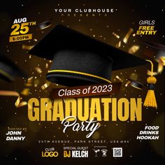 graduation party flyer template with gold confetti and black cap on dark brown background