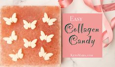 the easy collagen candy is made with white butterflies on pink paper and ribbon