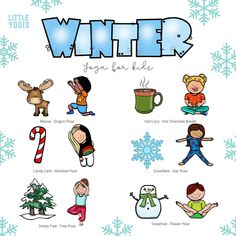 Christmas Yoga Poses For Kids, Winter Yoga For Kids, Christmas Yoga For Kids, Christmas Yoga Poses, Kid Friendly Yoga, Kids Yoga Games, Preschool Yoga, Christmas Yoga, Winter Classroom Activities