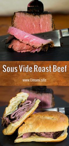 the roast beef sandwich is cut in half and served on a plate with a knife