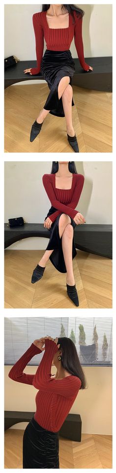 10 Winter Square Neck Sweater, Winter Solid Midi Dress With Square Neck, Winter Midi Dress With Square Neck In Solid Color, Chic Red Sweater For Workwear, Chic Red Sweater For Work, Retro Midi Dress For Fall, Chic Long Knit Sweater, Chic Knit Midi Length Sweater, Chic Winter Knit Midi Dress