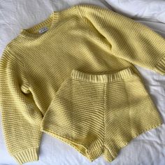 Yellow Knit Sweater And Short Set, Size Small. Yellow Knit Sweater, Crochet Inspo, Yellow Knit, Sabo Skirt, Short Set, Knit Set, Sweater And Shorts, Shorts Set, Knitwear Women