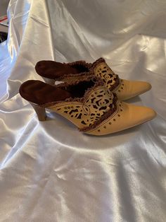 "Vintage Avon mules with laser cut leather. Comfort cushion insoles. Brown fur interior.  Barely worn half a dozen times. Like new condition! 3\"heal. Brass look tack designs across top of shoe." Vintage Women's Shoes, Vintage Mules, Shoes Slides, Avon Vintage, Laser Cut Leather, Clogs And Mules, Shoes Vintage, Tan Heels, Shoes Brown