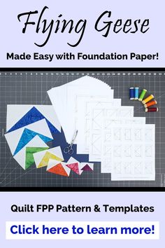 the flyer for flying geese made easy with foundation paper, quilting patterns and templates click here to learn more