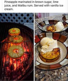 an image of food cooking on the grill with ice cream and pineapple marinated in brown sugar, lime juice and malfum served with vanilla ice cream