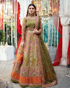 Mehndi Dress In Wedding Lehenga Choli And Dupatta Style Green Lehenga Choli, Orange Lehenga, Wedding Lehenga Choli, Dupatta Style, Mehndi Dress, Raw Silk Lehenga, Bridal Dupatta, Green Lehenga, Pakistani Bridal Dresses