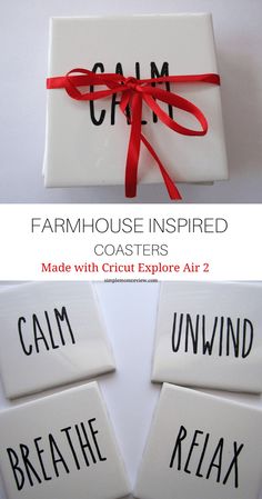 the words farm house inspired coasters made with cricut explore air 2