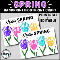 two handprints with the words spring and hello spring on them