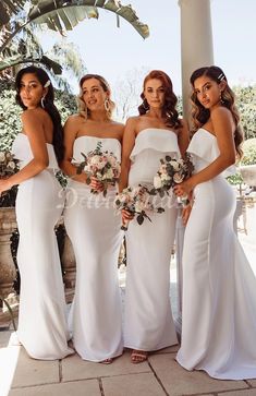 four bridesmaids in white dresses posing for a photo with the caption white fox