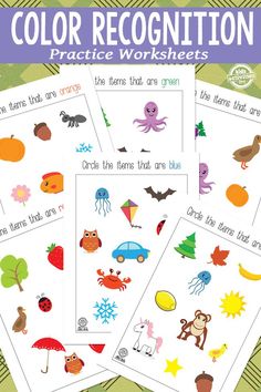 four different color recognition worksheets for children