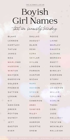 the boyish girl names are shown in white and blue, with stars above them