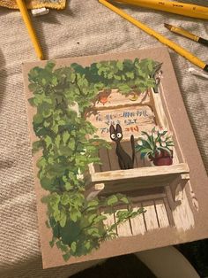 a painting of a cat sitting on a bench with plants and pencils next to it