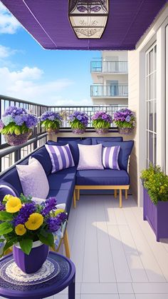 a purple couch sitting on top of a wooden floor next to a table with flowers