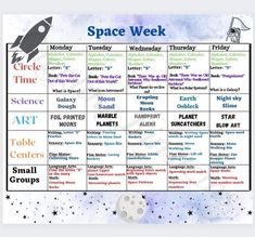 the space week calendar is shown in blue and white