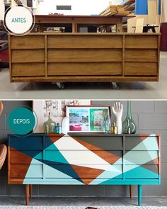 an old dresser has been transformed into a modern sideboard with geometric paint and wood