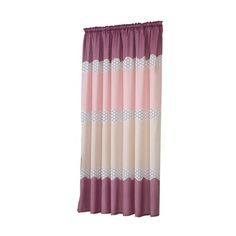 curtains with pink and white stripes on the bottom, one side is open to show an image