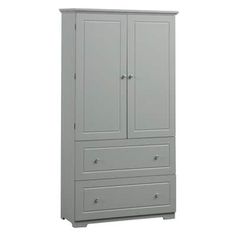 a gray armoire with two drawers and one door