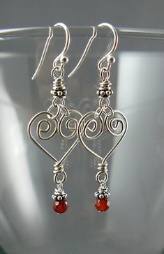 Heart Earrings With Gemstone Drop, Sterling Silver, Heart Earrings, Gemstone Earrings, Gem Choice, Silver Heart, Yoga Jewelry, Red Earrings - Etsy Diy Valentines Earrings, Heart Yoga, Wire Jewelry Earrings, Sterling Silver Heart Earrings, Wire Wrap Jewelry Designs, Valentines Earrings, Diy Jewelry Unique, Silver Heart Earrings, Wire Jewelry Designs