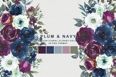 an image of plum and navy flowers on a white background with color swatches in the bottom corner