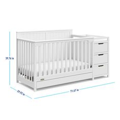 a white crib is shown with measurements for the bed and dresser in front of it