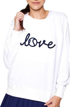 Fit and Design: Chain stitch embroidery on front Standard fit Crew neckline Additional Details: Lulu Tops, Cursive Embroidery, Stitch Sweatshirt, Custom Chain, Womens Athletic Outfits, Chain Stitch Embroidery, Love Stitch, Tennis Clothes, Stitch Embroidery