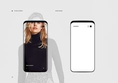 a woman standing next to a cell phone with an image on the front and back