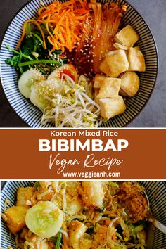 two plates with different types of food on them and the words, korean mixed rice bibimbap vegan recipe