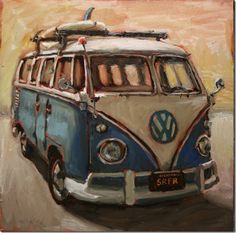 a painting of a vw bus with surfboards on top