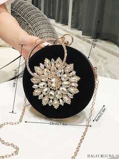 BagForLove - Glamorous Rhinestone Mini Circle Bag with Chain - Perfect for Party Product Description Color Black Details Rhinestone Strap Type Chain Bag Size Mini Style Glamorous Pattern Type All Over Print Type Circle Bag Closure Type Kiss Lock Material Fabric Composition 100% Polyester Size Chart INCH CM Bag Height Bag Length Bag Width Handle Height Strap Length 7.5 inch 7.5 inch 2.4 inch 3.1 inch 43.3 inch Bag Height Bag Length Bag Width Handle Height Strap Length 19 cm 19 cm 6 cm 8 cm 110 cm Crystal Evening Bag With Rhinestones For Parties, Black Rhinestone Clutch For Party, Handheld Crystal Clutch For Party, Black Clutch With Chain For Party, Black Evening Bags With Bling, Black Chain Clutch For Party, Black Party Clutch With Chain, Black Party Bag With Chain Detail, Black Party Bags With Chain Detail