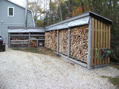 a large pile of wood sitting next to a building