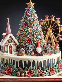 a christmas cake decorated with decorations and a ferris wheel