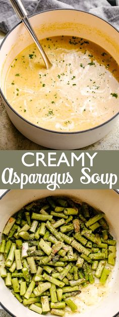 creamy asparagus soup in a white bowl with a spoon inside and on the side