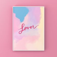 a pink and blue poster with the word love on it