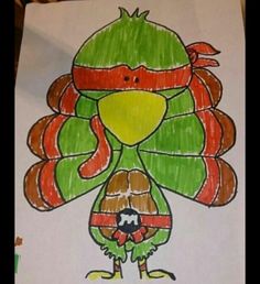 a drawing of a turkey wearing a red hat and green scarf with his hands in the air