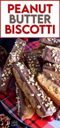 chocolate peanut butter biscotti on a red and white checkered plate with pine cones