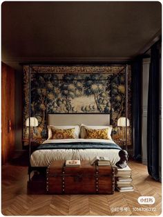 a bedroom with a canopy bed covered in tapestry wallpaper and two lamps on either side of the bed